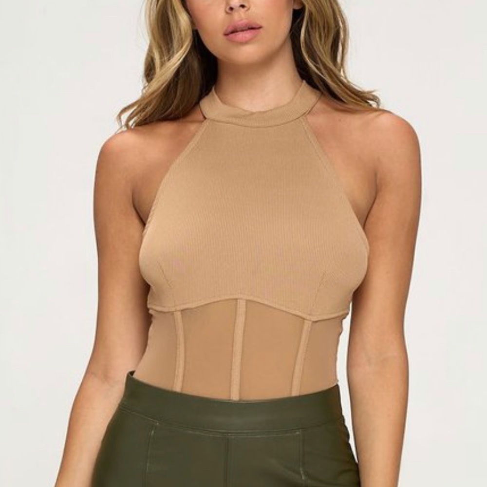 NUDE RIBBED KNIT MESH HALTER BODYSUIT